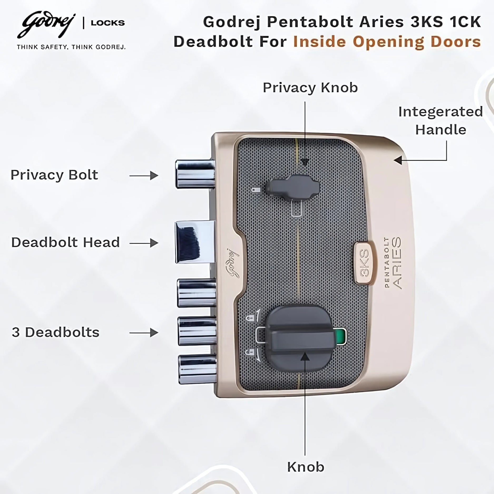 Godrej Pentabolt Aries 1CK, Deadbolt Main Door Lock with 3KS Technology