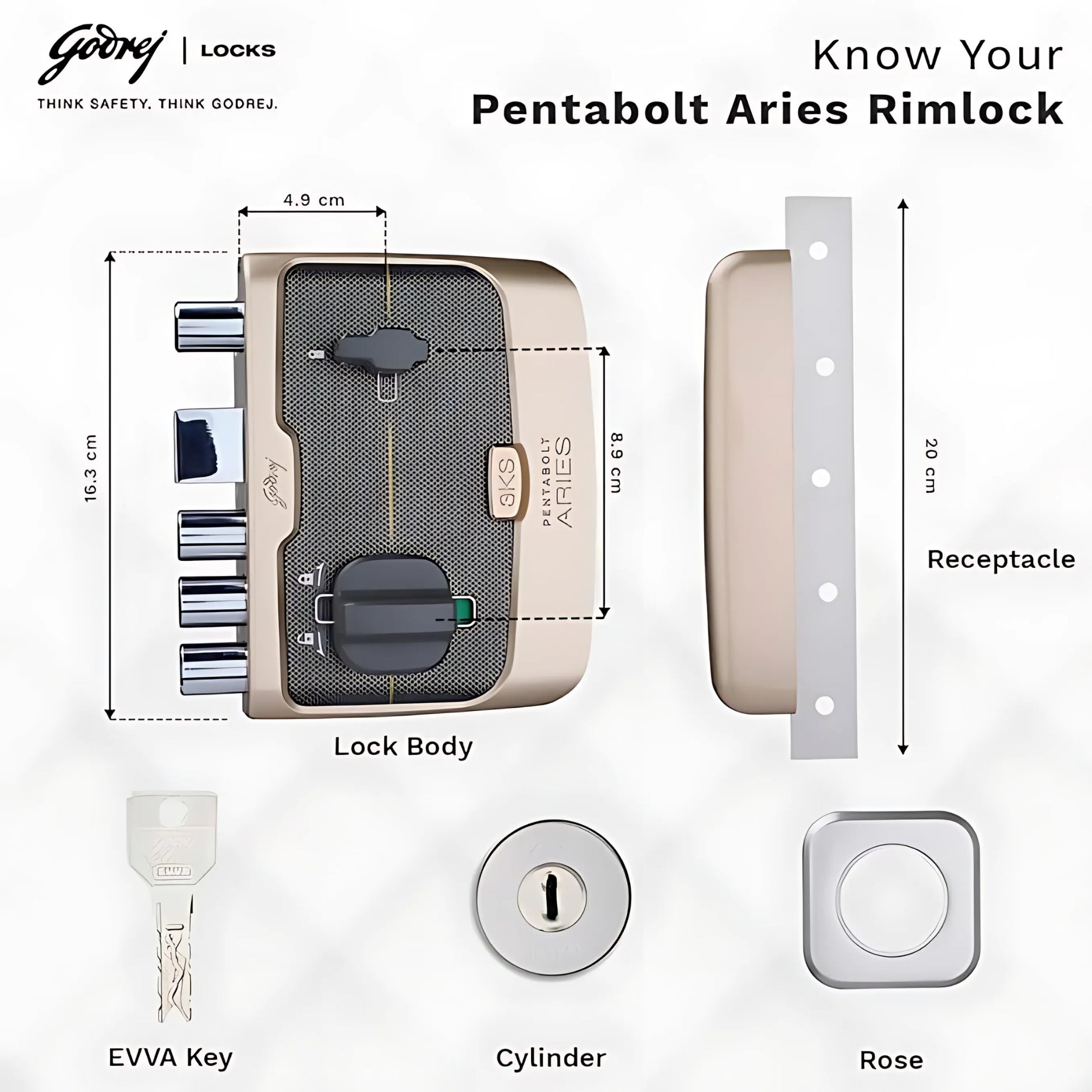 Godrej Pentabolt Aries 1CK, Deadbolt Main Door Lock with 3KS Technology