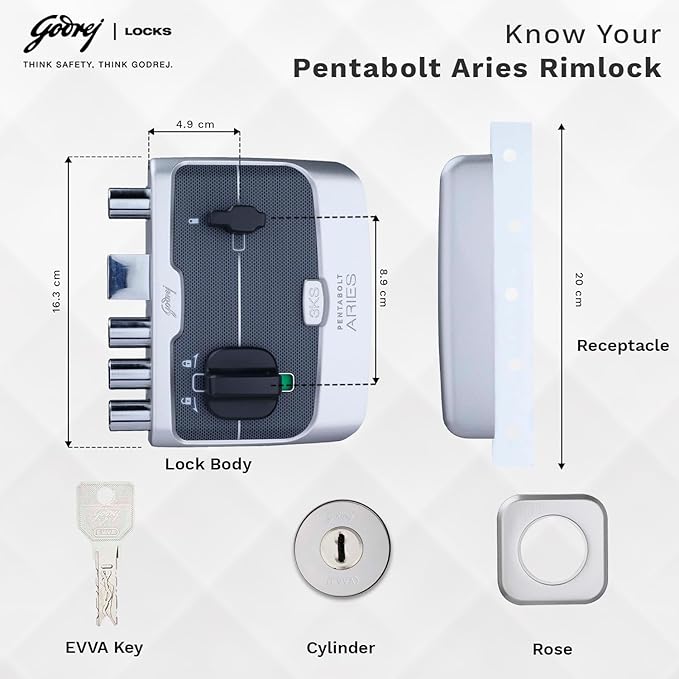 Godrej Pentabolt Aries 1CK, Deadbolt Main Door Lock with 3KS Technology