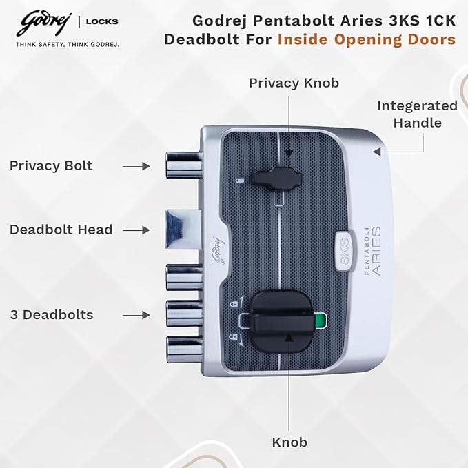 Godrej Pentabolt Aries 1CK, Deadbolt Main Door Lock with 3KS Technology