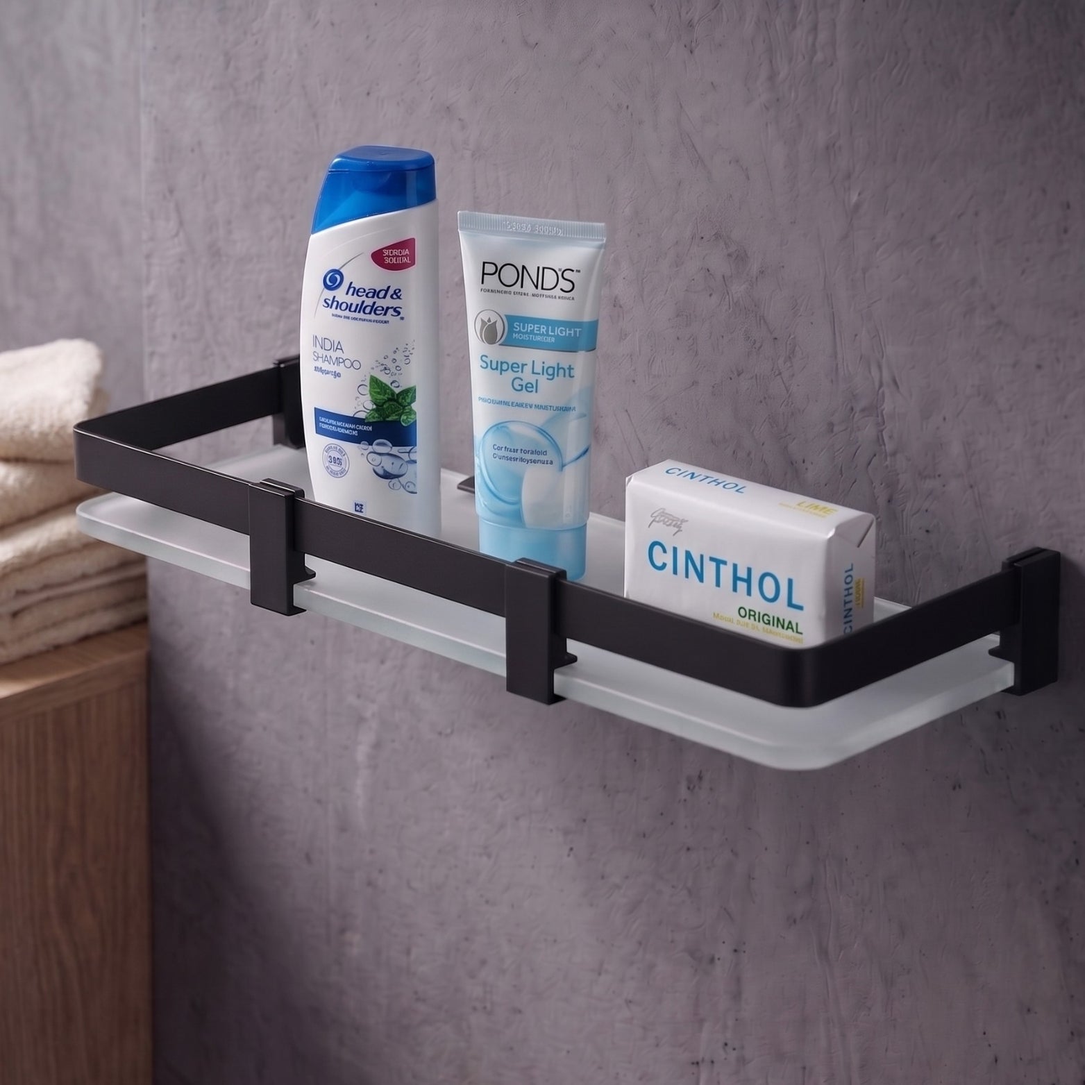 Detailed close-up showing the premium 8mm thickness and opaque frosted finish of the Sparrow bathroom vanity shelf
