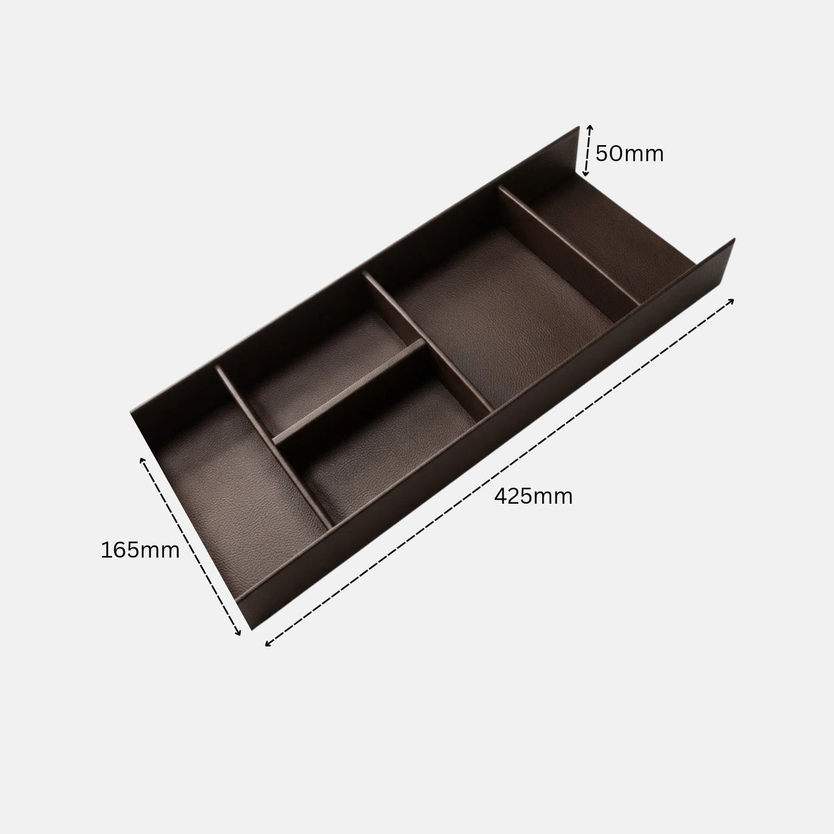 A rectangular, brown drawer organizer tray featuring five open compartments of varying sizes, including one of its four main sections split into two smaller side-by-side compartments. The image displays dimension lines indicating a width of 165mm, a length of 425mm, and a height of 50mm.