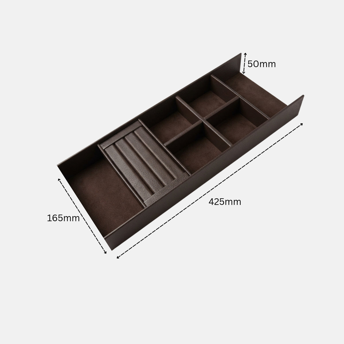 A rectangular, brown drawer organizer tray featuring a section with padded ring rolls, four small square compartments in the center, and two larger open rectangular compartments at either end. The image displays dimension lines indicating a width of 165mm, a length of 425mm, and a height of 50mm.