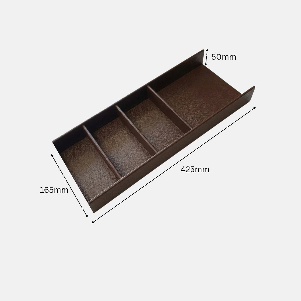 A rectangular, brown drawer organizer tray divided into four open rectangular compartments by three internal dividers. The image displays dimension lines indicating a width of 165mm, a length of 425mm, and a height of 50mm.