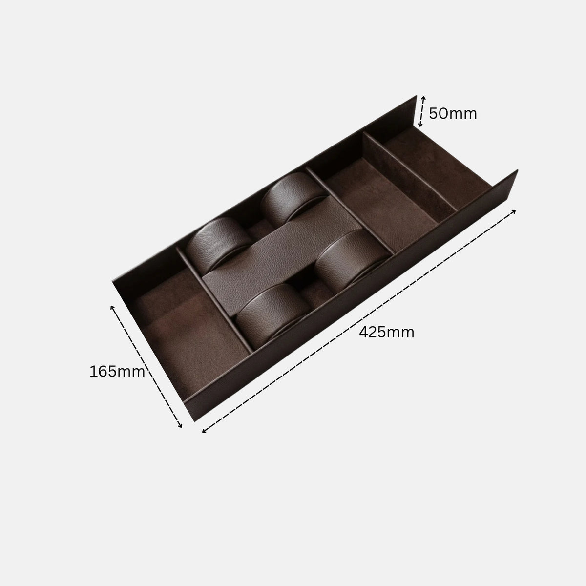 A rectangular, brown drawer organizer tray featuring four cylindrical cushions for watches in the center, flanked by open rectangular compartments. The image displays dimension lines indicating a width of 165mm, a length of 425mm, and a height of 50mm