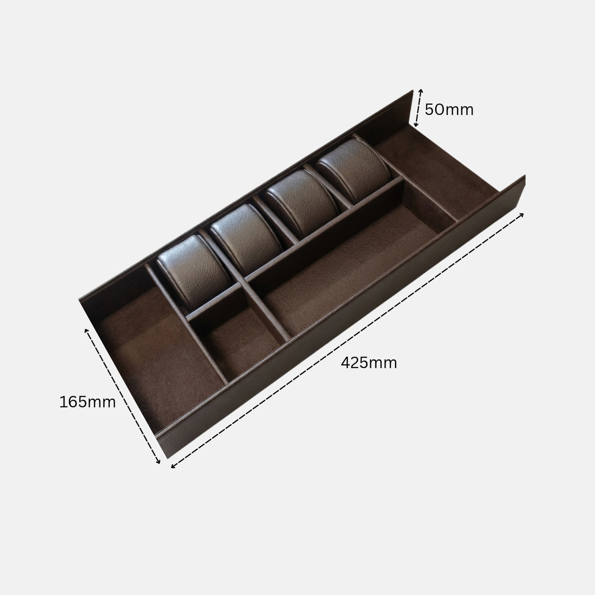 A rectangular, brown drawer organizer tray featuring a row of four cylindrical watch cushions on one side, alongside a long rectangular open compartment and smaller open sections at the ends. The image displays dimension lines indicating a width of 165mm, a length of 425mm, and a height of 50mm.