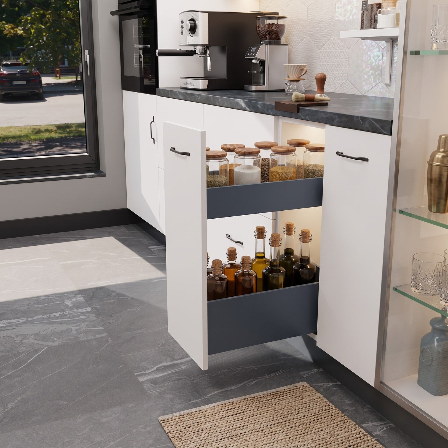 Ebco-SP5020 Anthracite custom tandem bottle and spice pull-out mechanism mounted in modern white modular kitchen, available at SS Hardware Bangalore