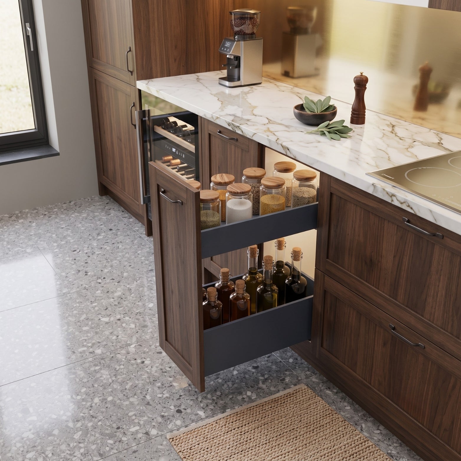 Ebco SP5020 Anthracite slim tandem soft-close kitchen pull-out installed in dark walnut modular cabinet with marble countertop from Hardware Depot Bangalore