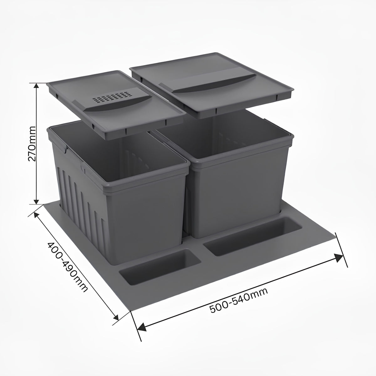 A 3D rendering of a grey plastic double waste bin system designed to be inserted into a drawer or cabinet. It features two rectangular bins with individual lids hovering slightly above them, set into a base tray that includes two smaller storage compartments at the front. The image includes dimensional arrows indicating a height of 270mm, a depth ranging from 400 to 490mm, and a width ranging from 500 to 540mm.
