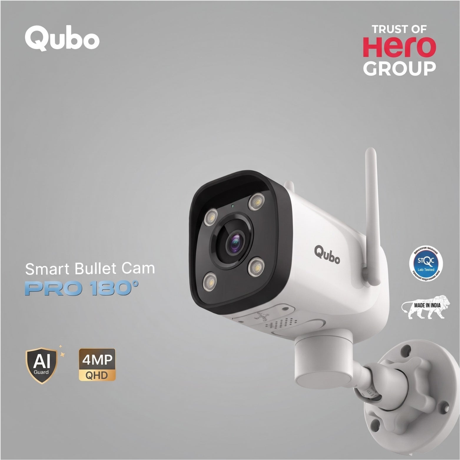 Qubo 4MP QHD Smart Bullet Cam Pro 180 showcasing the AI Guard feature badge, STQC Lab Tested seal, and Make in India logo