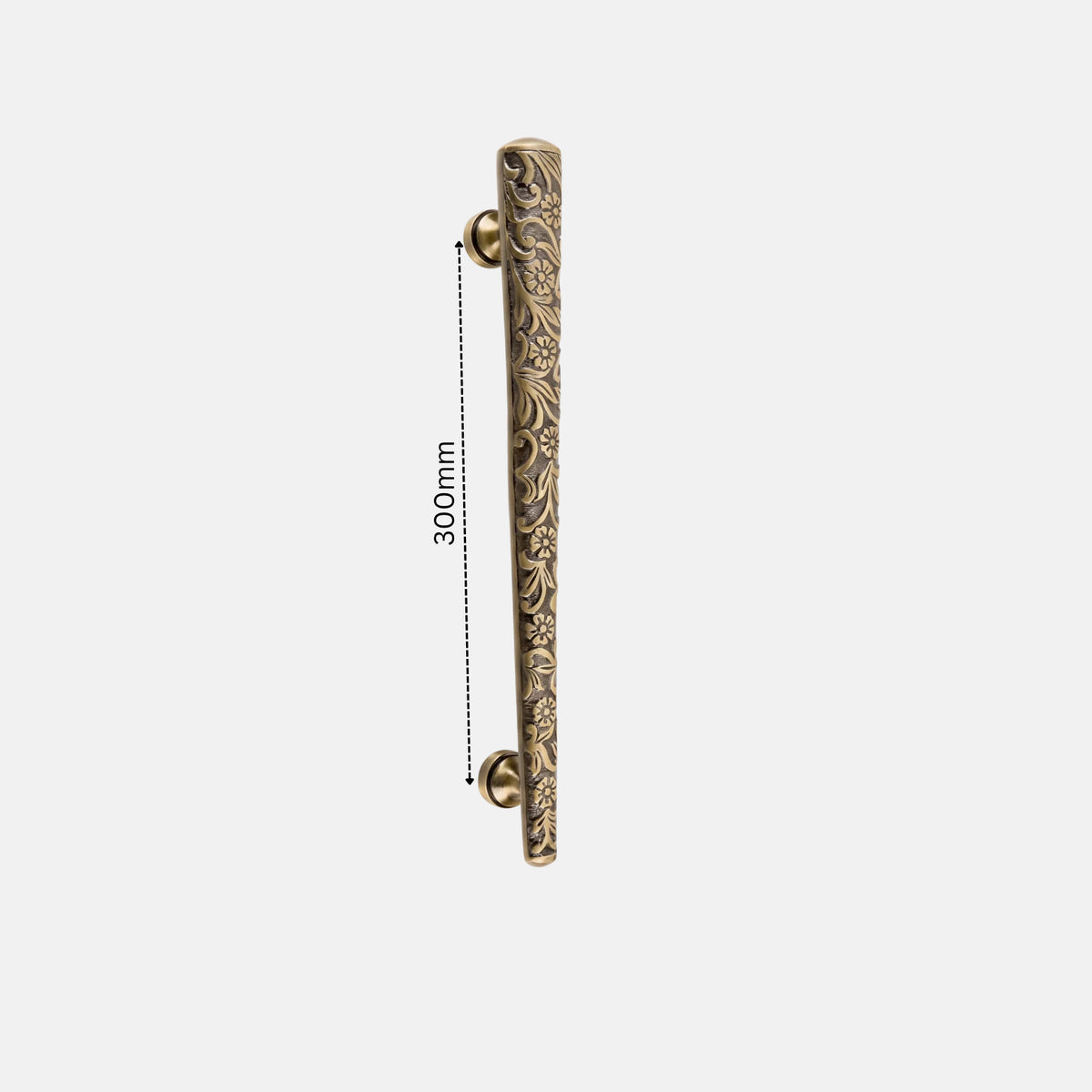 Antique brass finish Jewel Collection main door handle showing a 300mm hole center measurement from Hardware Depot