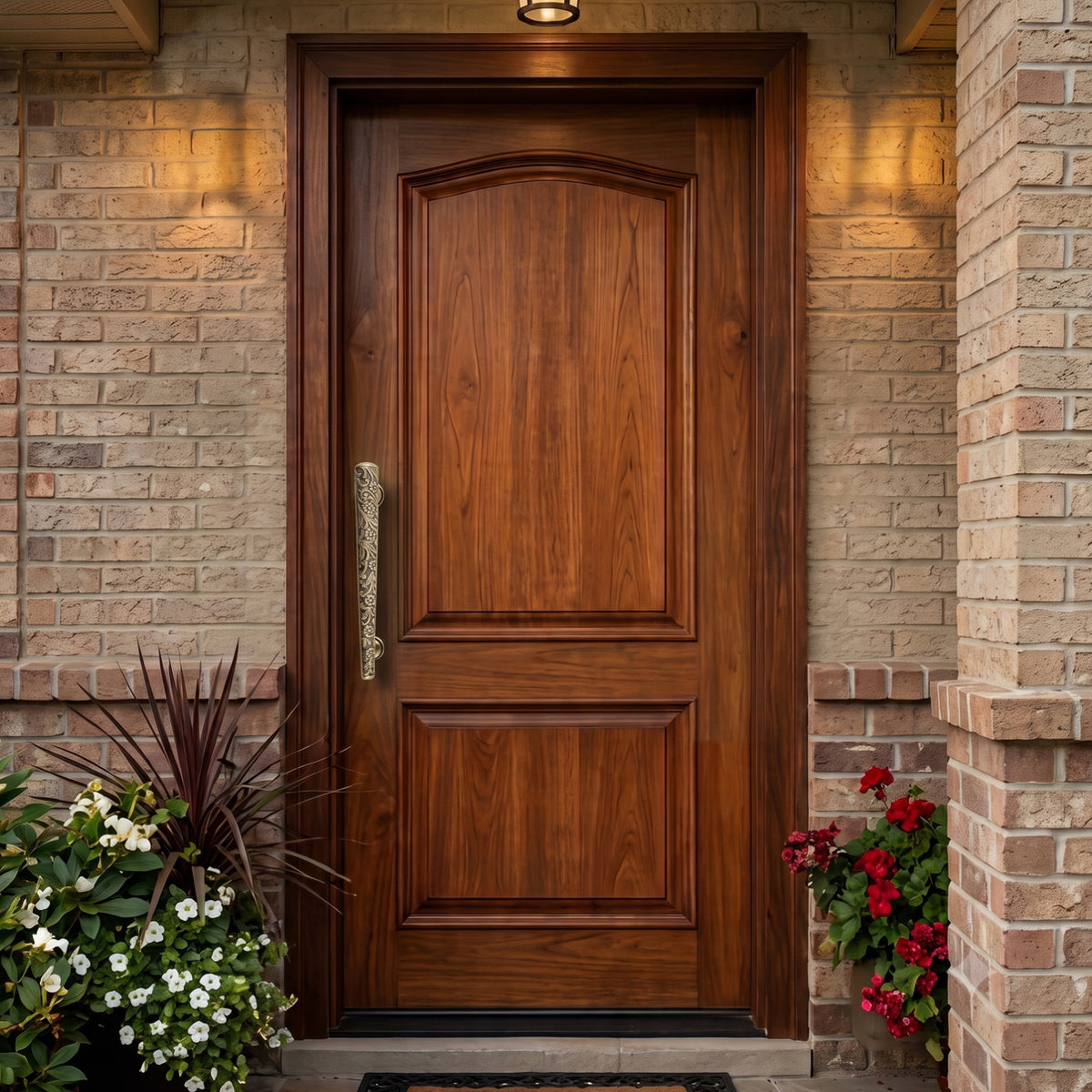 Antique brass finish Jewel Collection pull handle installed on a classic wooden residential front door, available at Hardware Depot.