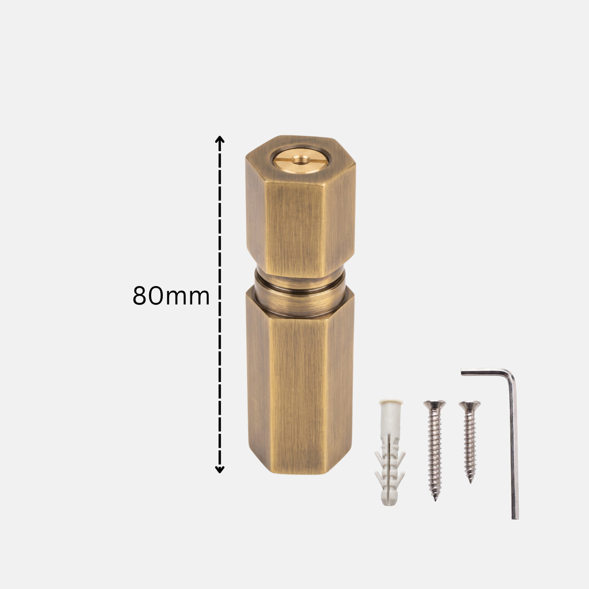 Hexagonal antique brass magnetic door catcher 80mm dimension diagram with installation hardware kit Hardware Depot
