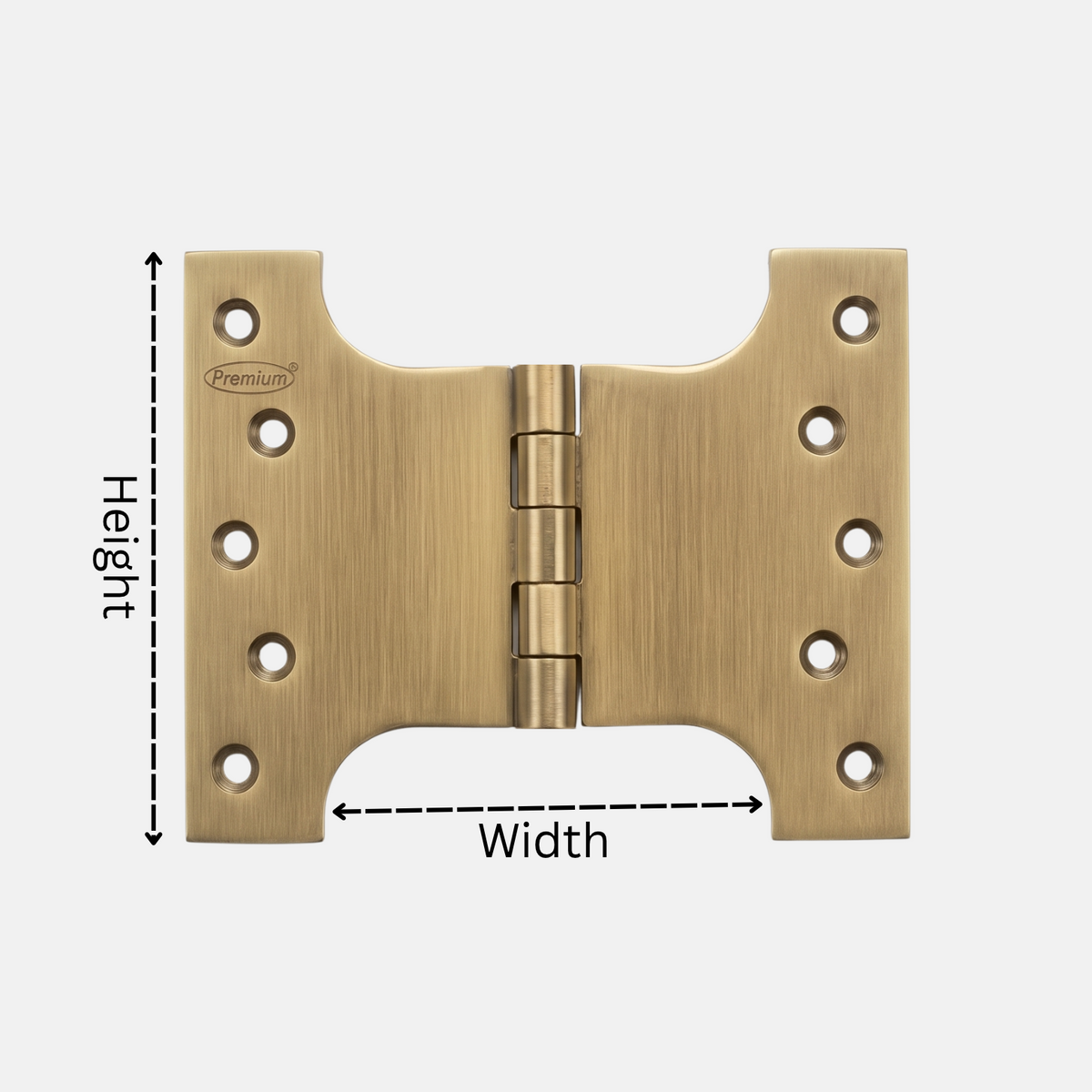 Antique finish solid brass parliament hinge with height and width measurement indicators for accurate door hardware installation.