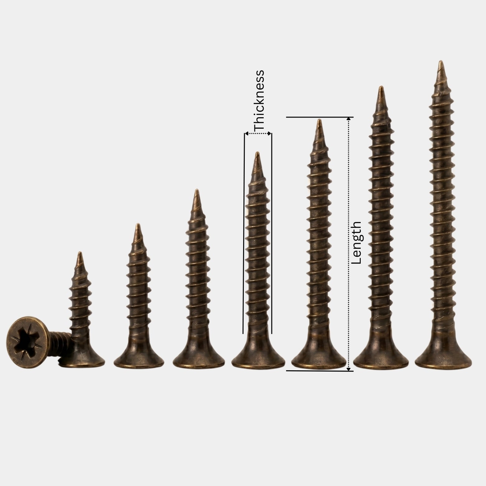 Antique brass finish steel wood screws in multiple lengths from 19mm to 38mm
