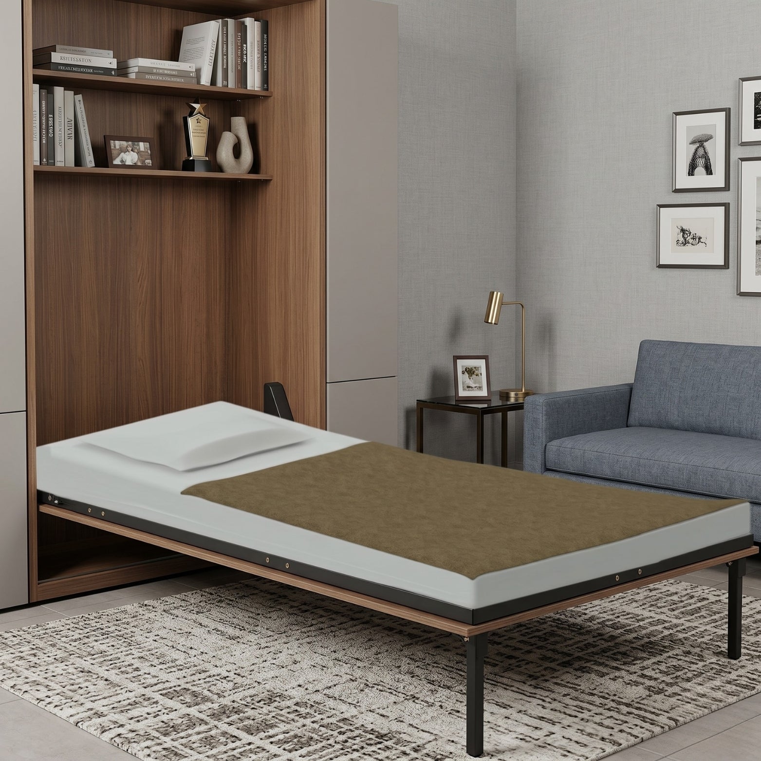 Luxury space-optimized bedroom design featuring an unfolded single wall bed with premium slats and metal legs.