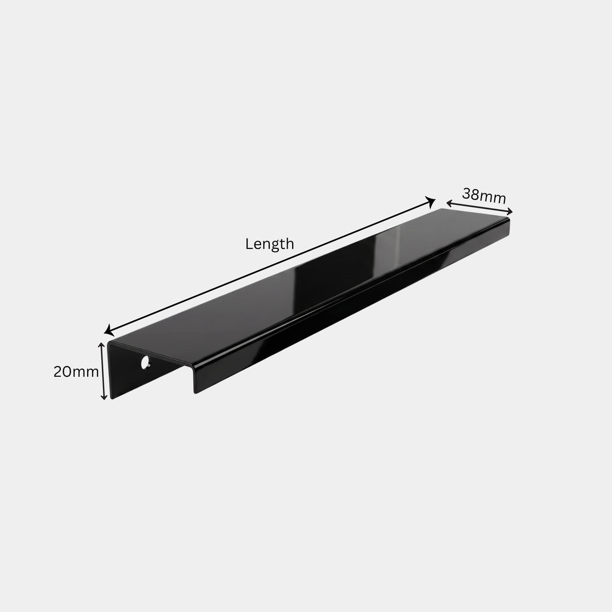 Matte black aluminium edge profile handle for modular kitchen cabinets showing 38mm depth and 20mm height dimensions, available at Hardware Depot Bangalore.