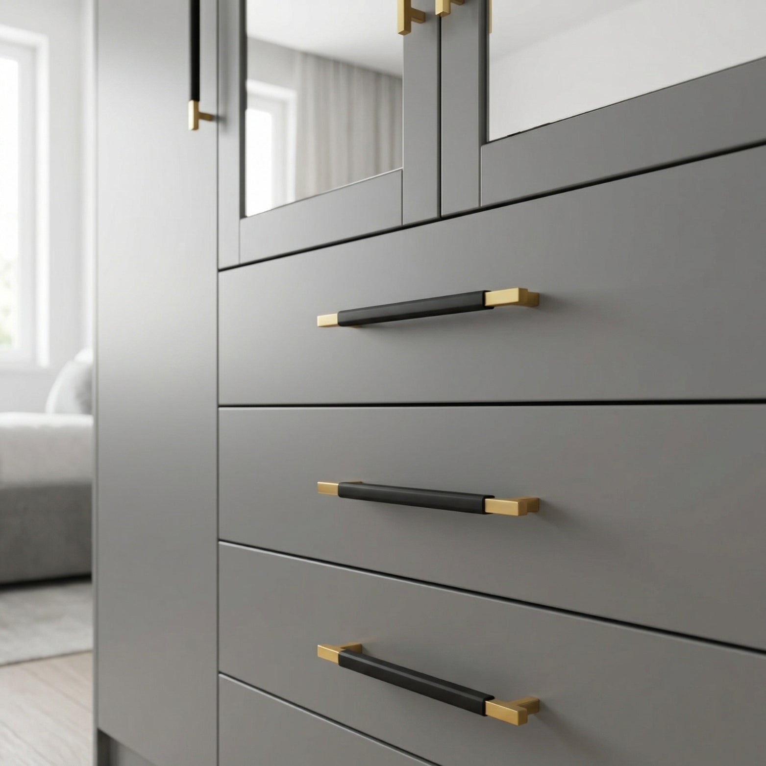 Sophisticated dark grey wardrobe with brass-gold frames and black leather-wrapped bar handles, showing a premium interior design concept.