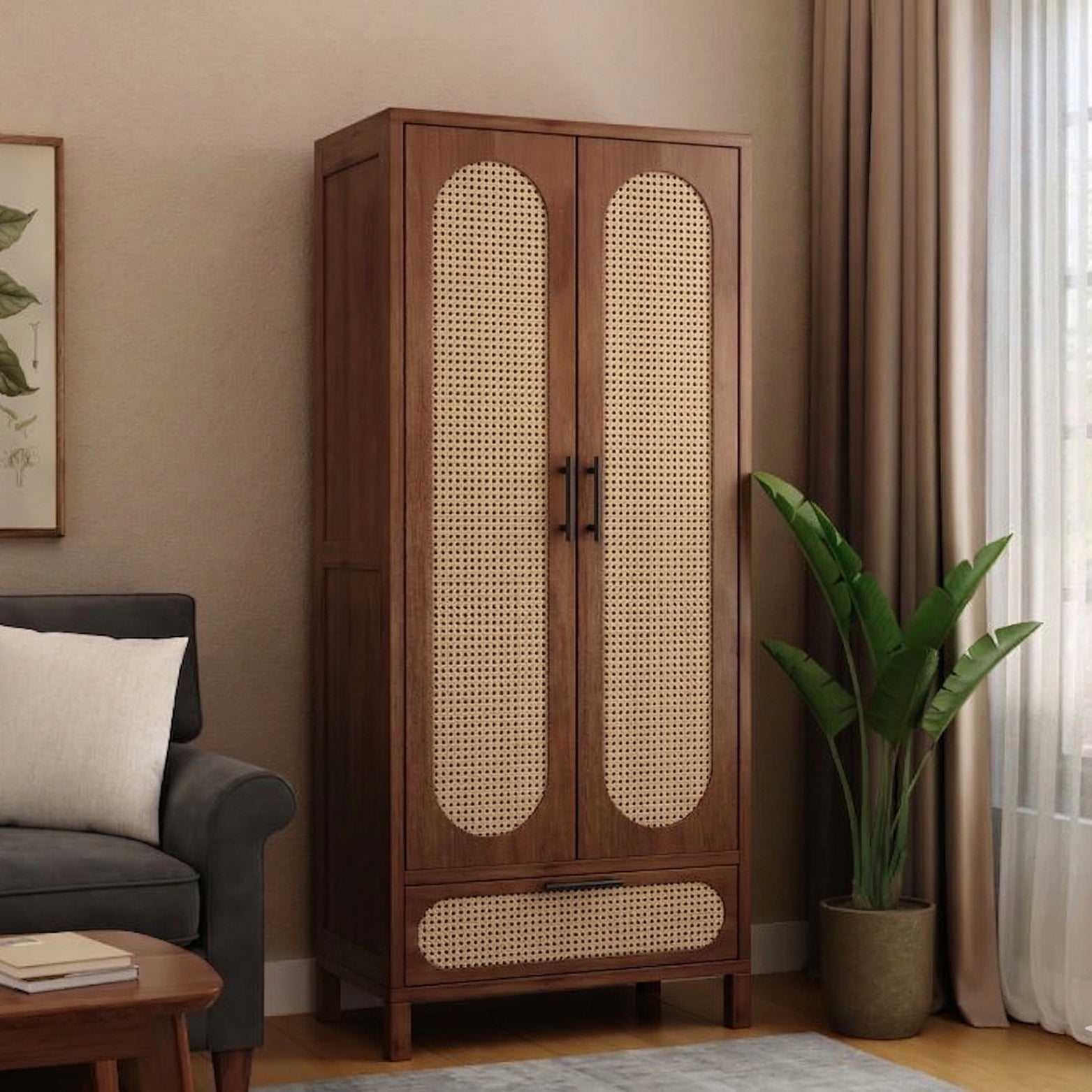 DIY headboard made with premium rattan cane webbing in a warm, organic Bohemian bedroom setting