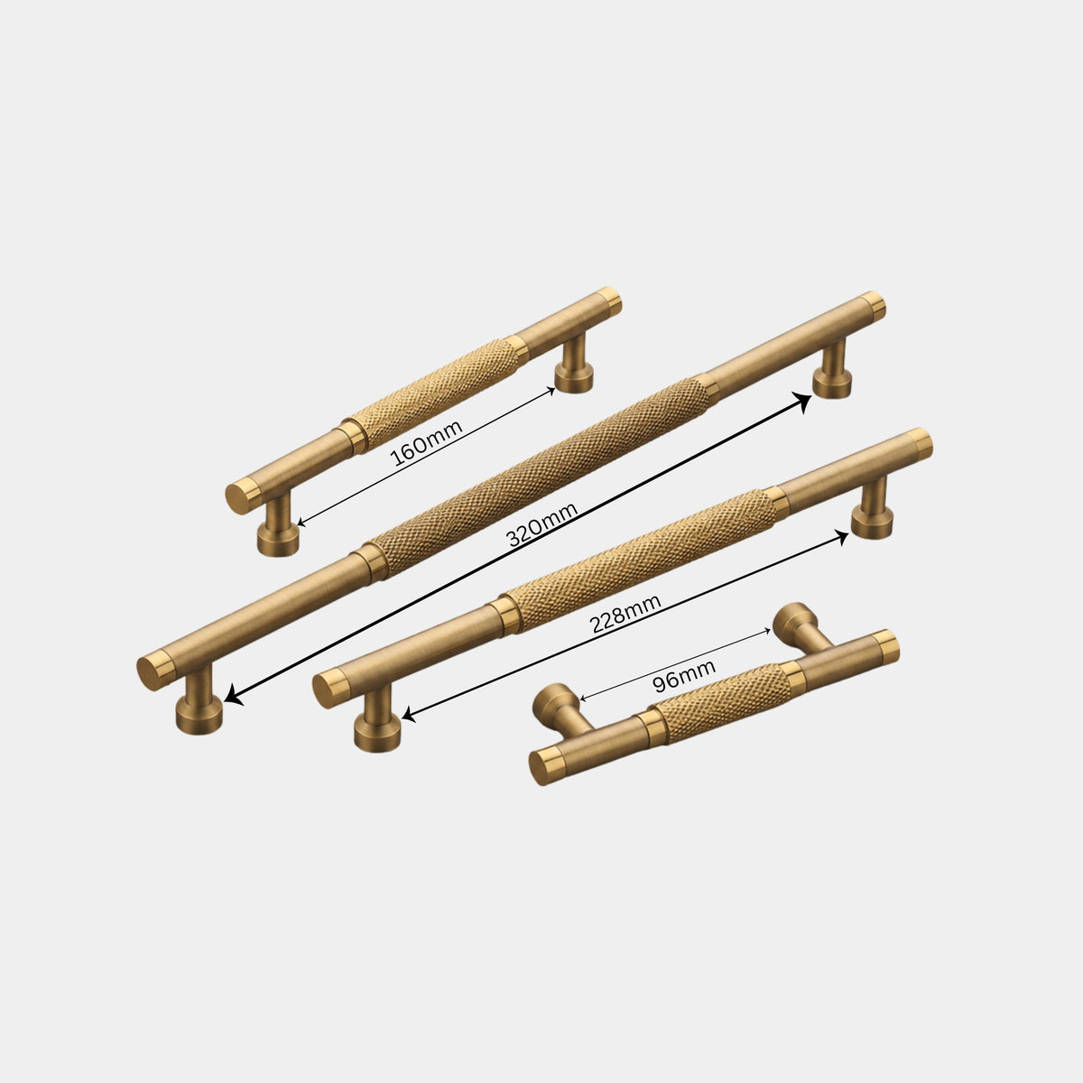 A product shot displaying four solid brass (or gold-finish) linear cabinet handles featuring a prominent diamond-knurled central grip. The four handles of different lengths are shown with measurement overlays: 160mm, 320mm, 228mm, and 96mm.