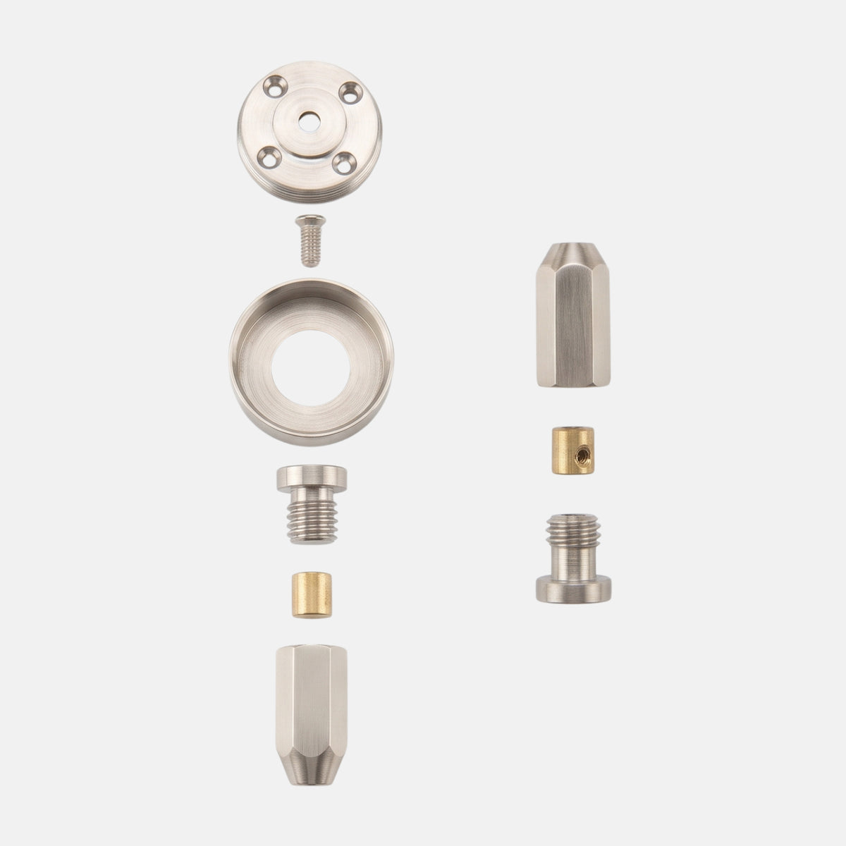 Exploded view of the disassembled solid brass suspension rope fitting set with top ceiling bracket and bottom clamp on a white background from Hardware Depot Bengaluru