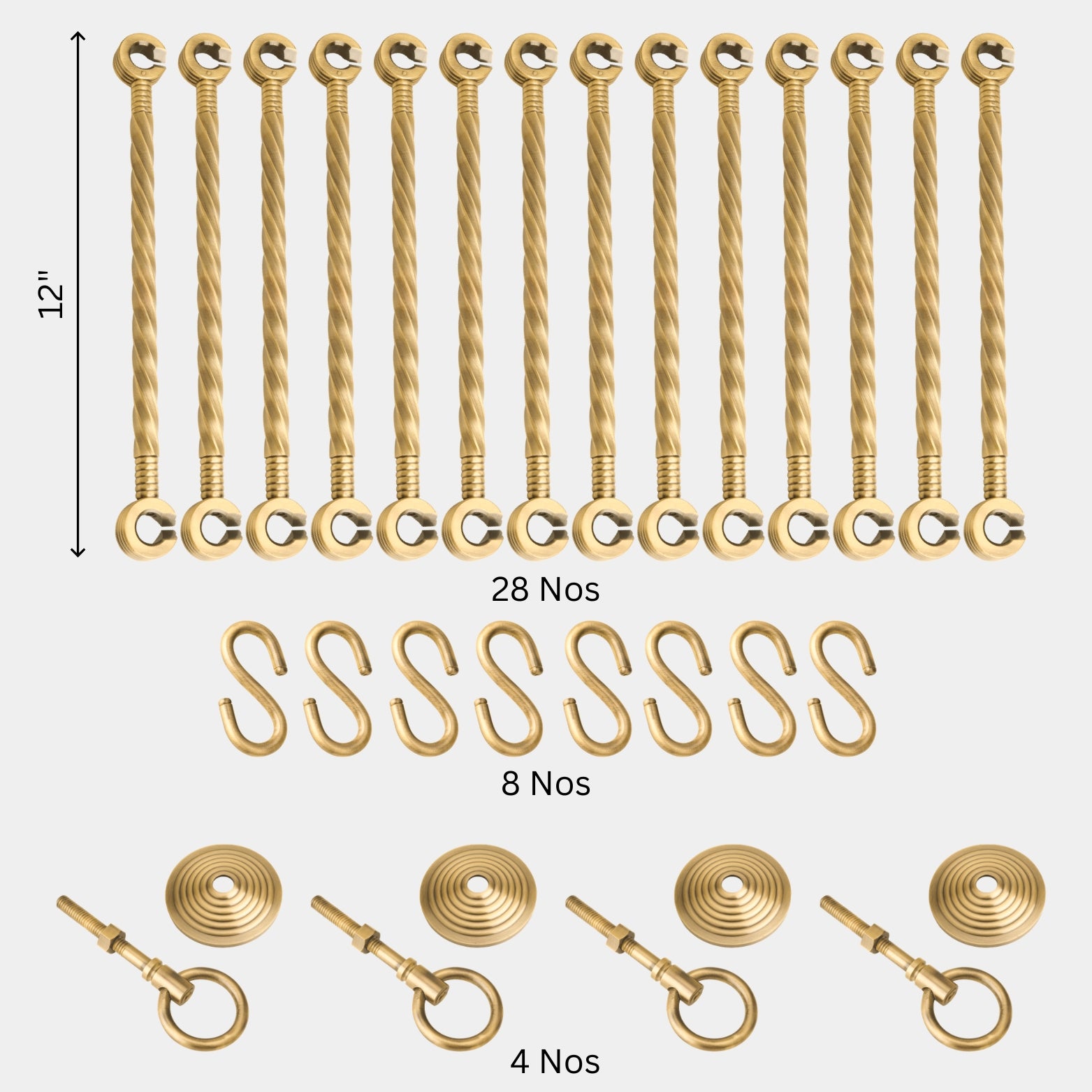 Four premium solid brass bottom fixing clamps for securing wooden swing planks to hanging brass chains