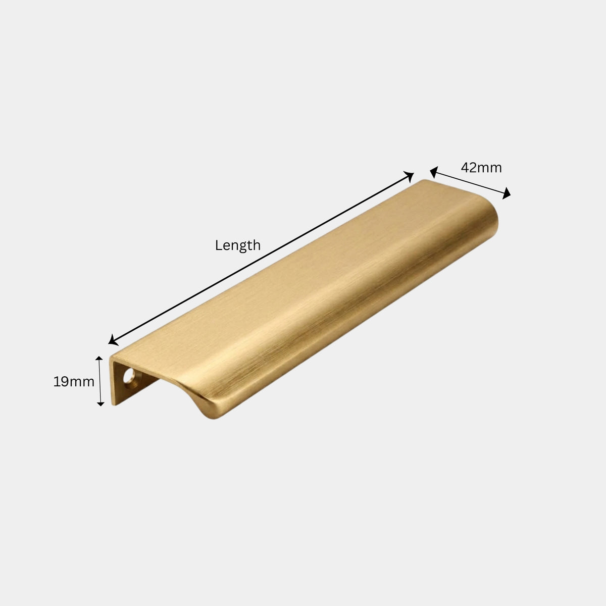 Brush gold rear-mounted cabinet edge pull highlighting length and depth specifications by Hardware Depot.