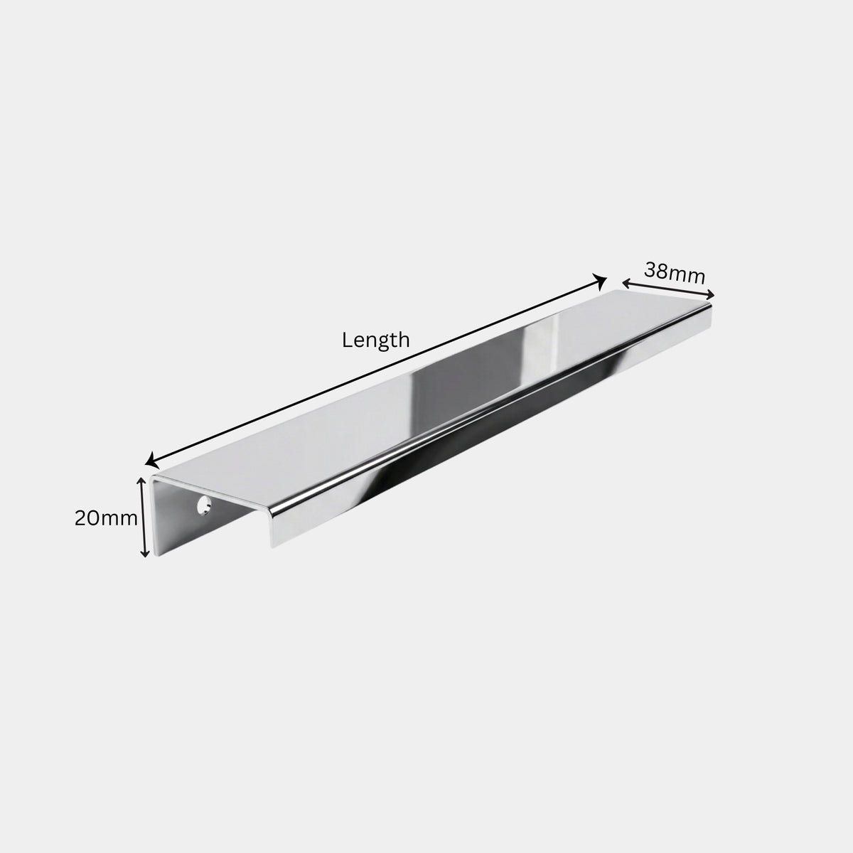 Polished chrome no-groove cabinet profile handle technical dimensions showing concealed rear screw mount design for interior hardware projects.