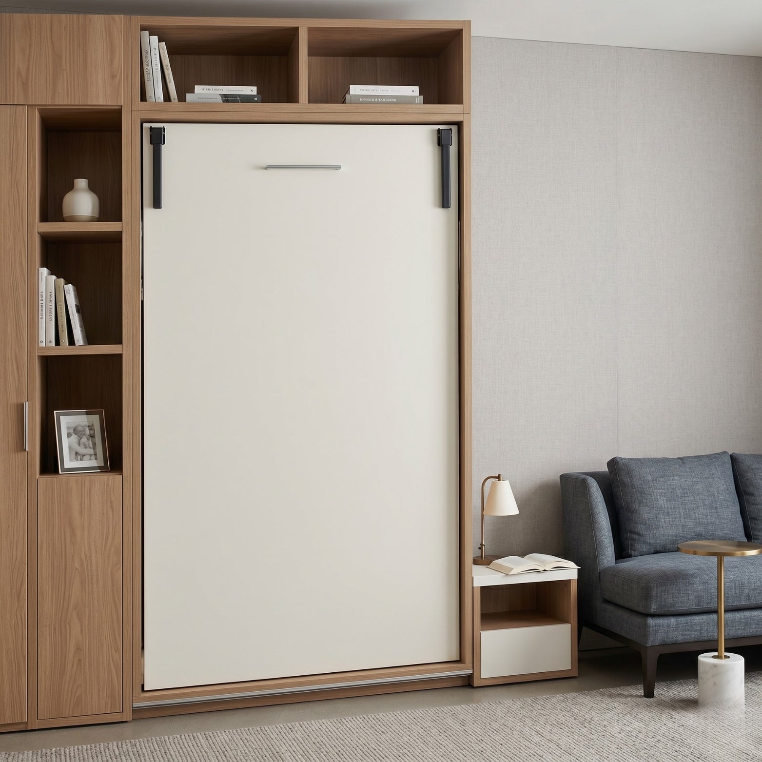 Minimalist laminate wooden cabinet hiding a single Murphy bed mechanism from Hardware Depot in a modern room.