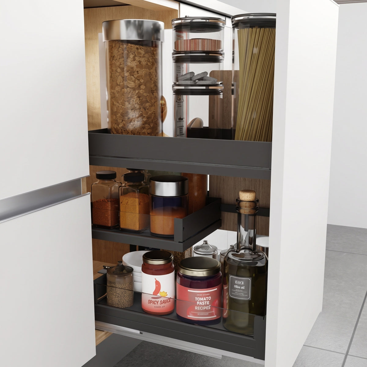 Close-up side view of the Ebco Livsmart Base Pullout Max 45 organizing spice jars, sauces, tall pasta containers, and oil bottles inside a modular kitchen cabinet, available at Hardware Depot.