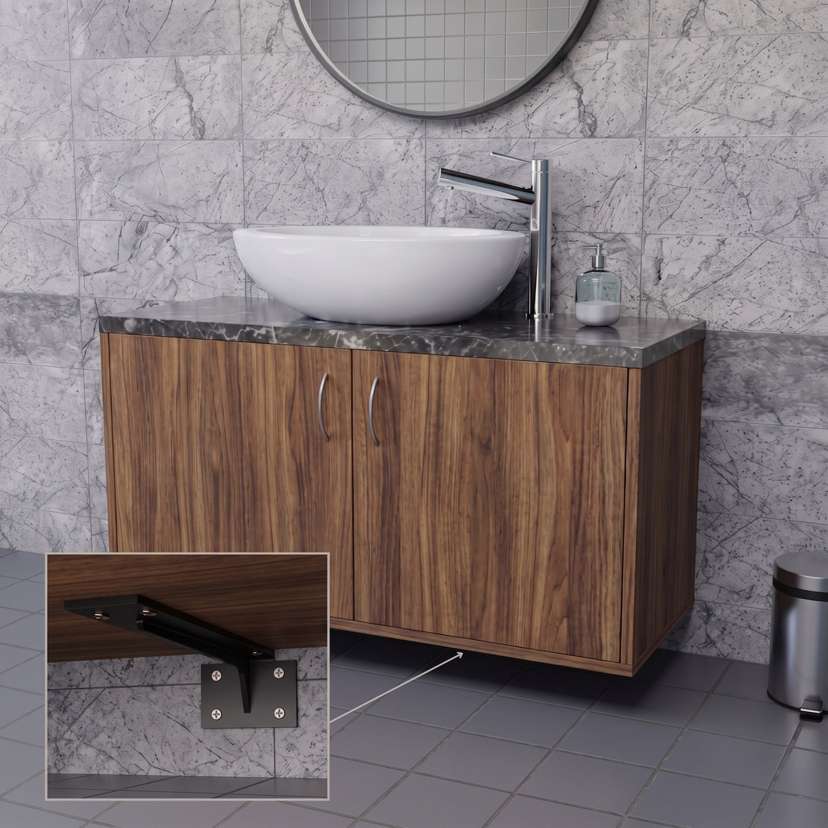 Close-up underneath view of a black mild steel Ebco heavy duty support bracket securely holding a wooden cabinet against a tiled wall.