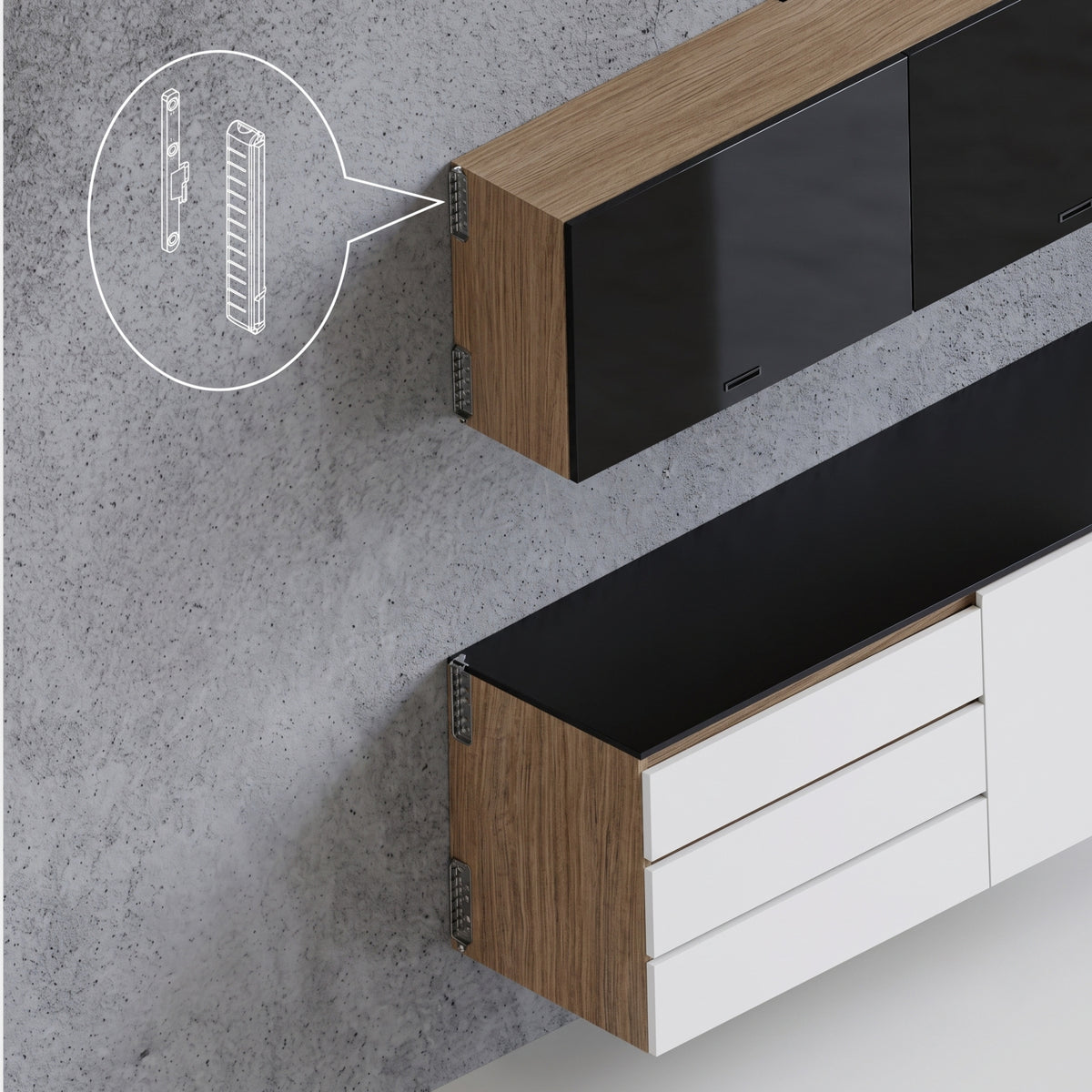 3D render showing modern wall-mounted modular cabinets with a line drawing callout demonstrating the Ebco CHC1 concealed hanger installation mechanism.