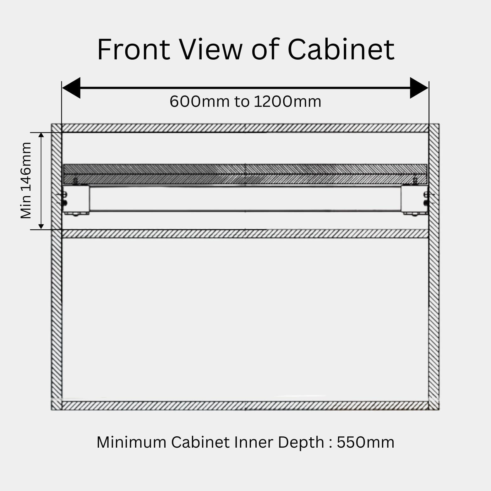 Technical installation drawing for the Ebco Livsmart concealed dining table (CDTS1-5474) showing front view cabinet dimensions with a 600-1200mm width, minimum 146mm height, and 550mm depth requirement from Hardware Depot