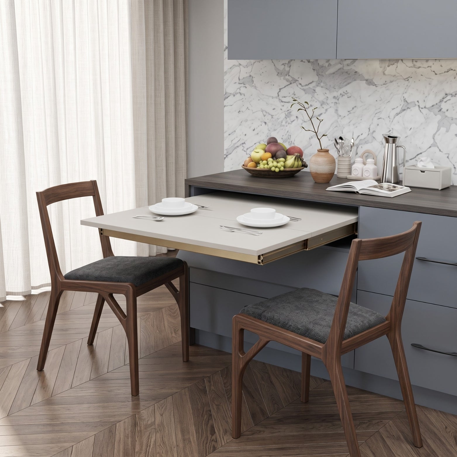 Premium Ebco Livsmart concealed pull-out dining table hardware with Champagne Gold slides installed in a luxury grey modular kitchen, available at Hardware Depot Bangalore
