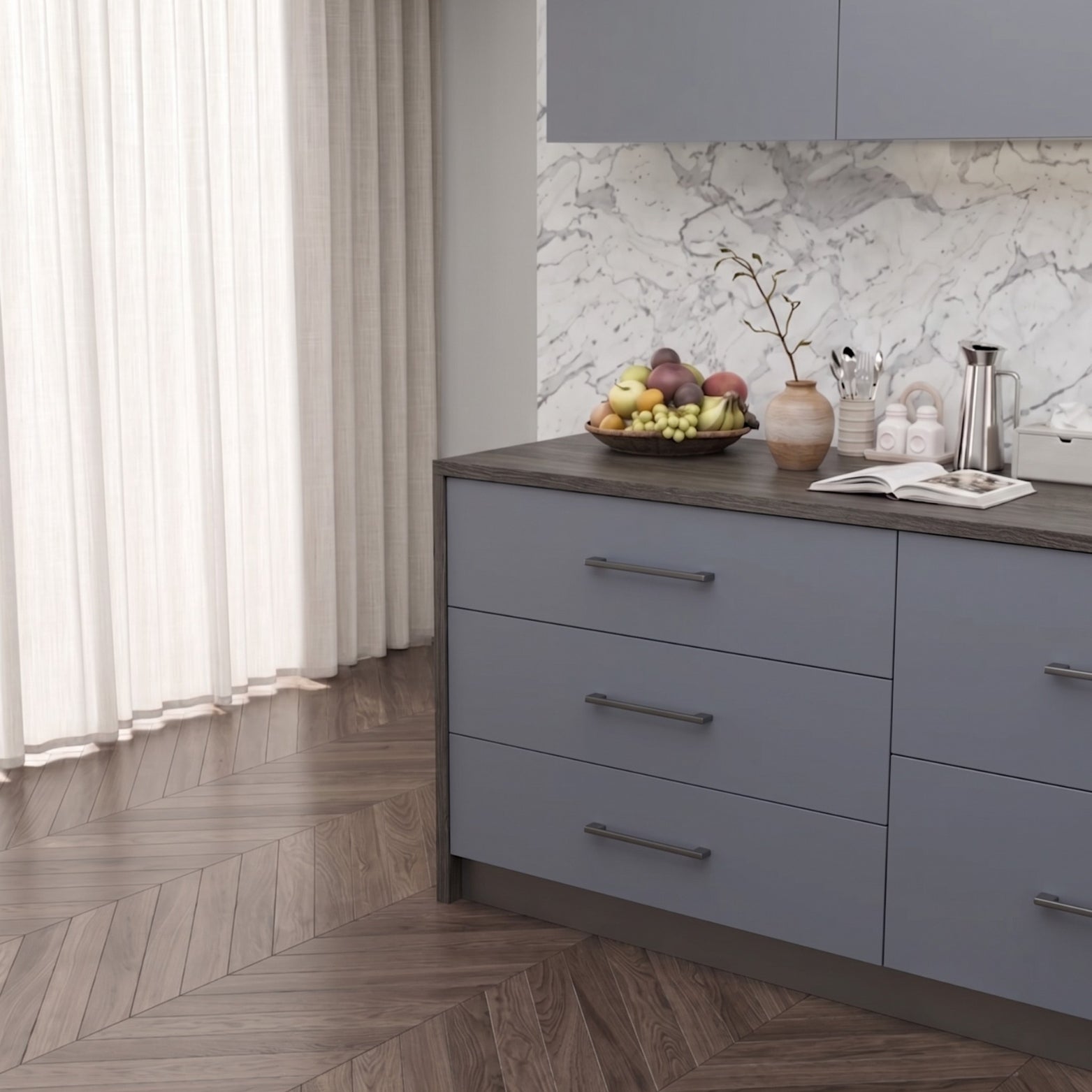 Sleek slate-grey modular kitchen drawers in closed condition, completely concealing the heavy-duty Ebco Livsmart pull-out dining table hardware under a premium dark wood countertop, sourced from Hardware Depot Bangalore