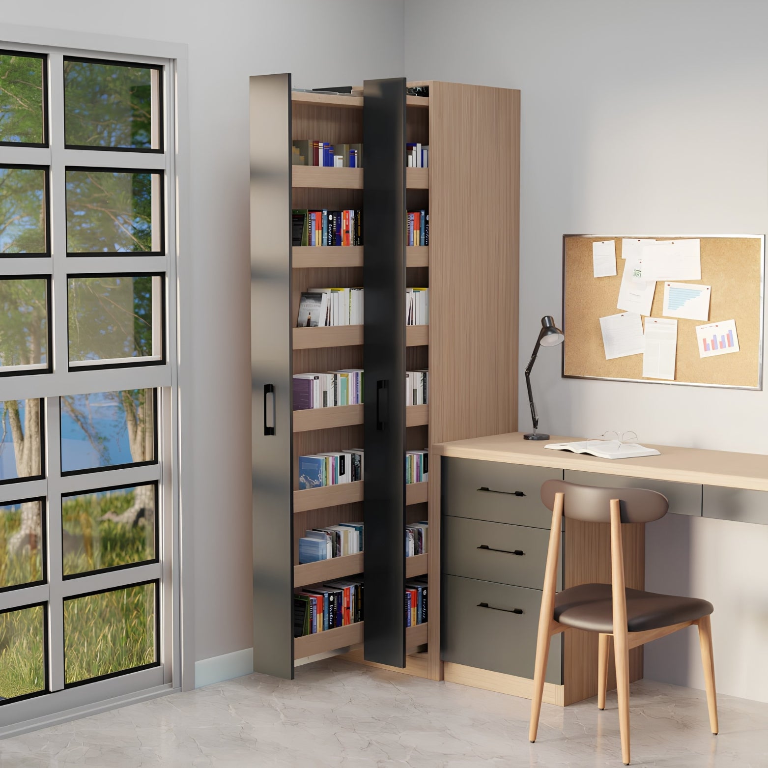 Ebco Livsmart Cupboard Pullout System 50 installed in a tall narrow bedroom wardrobe next to a study desk