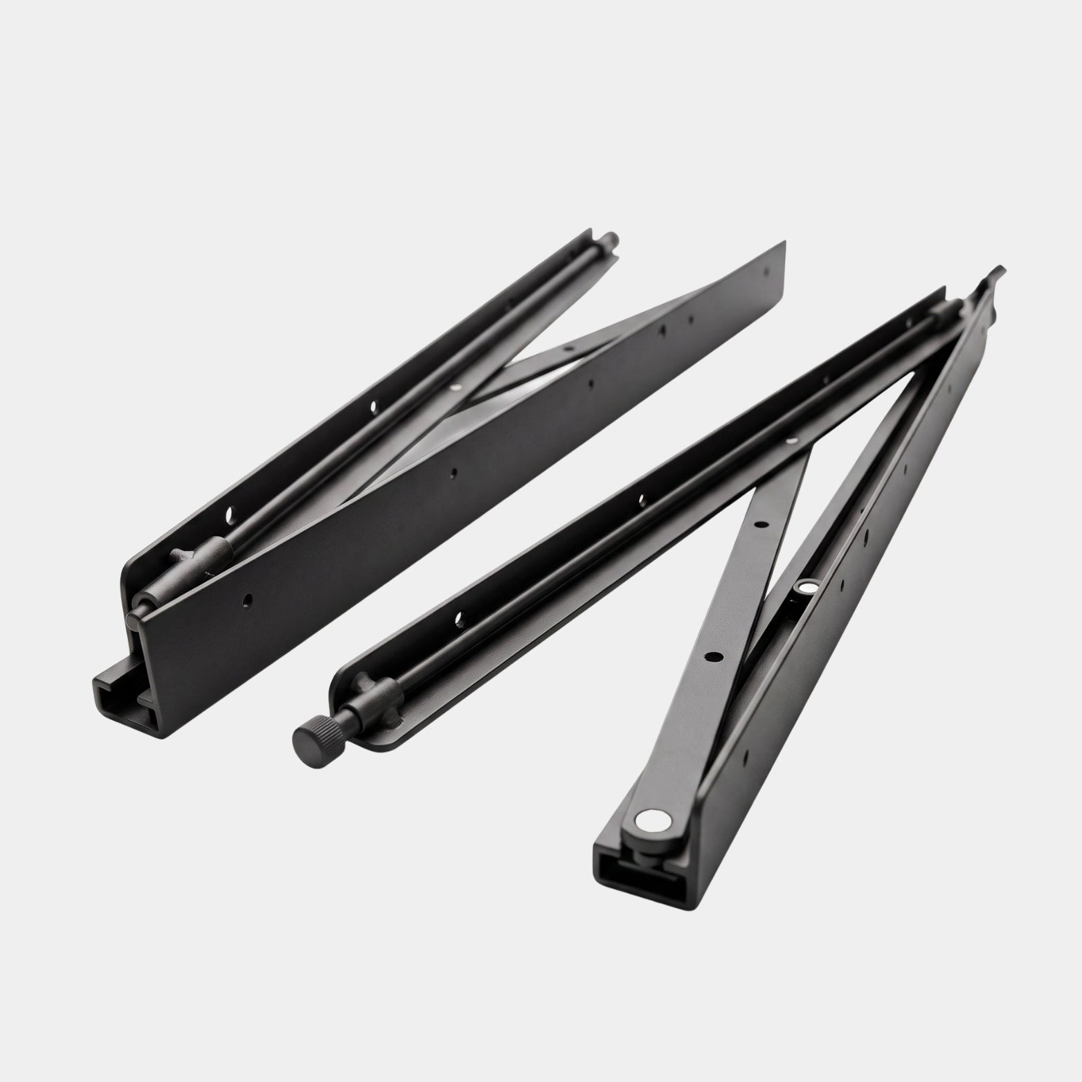A pair of Ebco heavy-duty black folding utility table brackets shown in a partially opened position against a white background