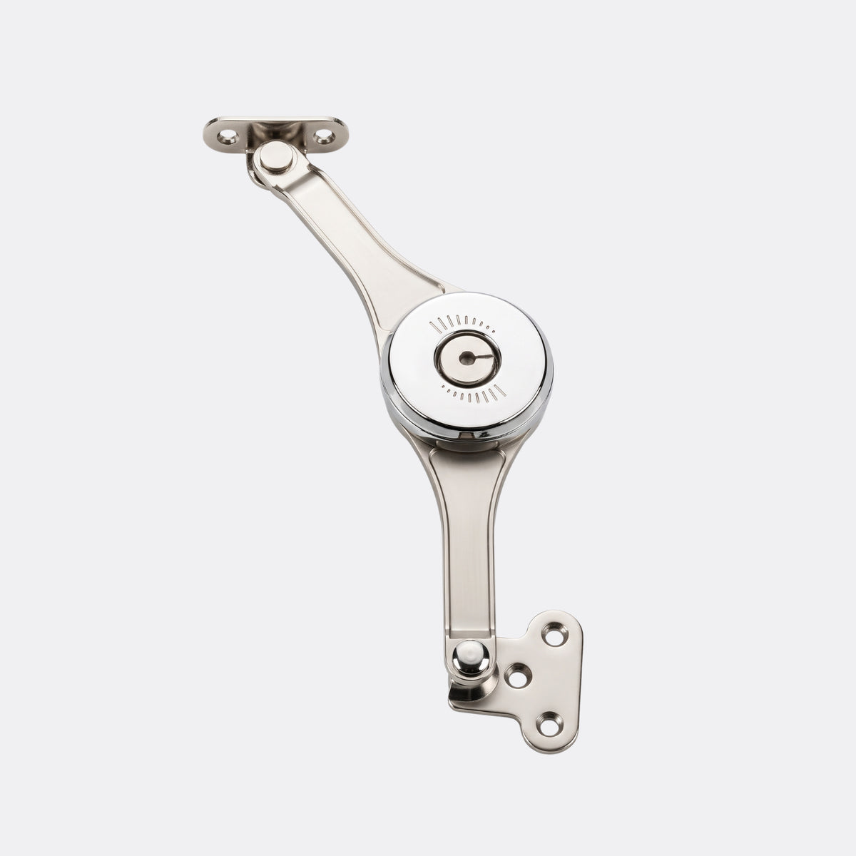 Ebco Heavy Cabinet Stay in a nickel-plated zinc alloy finish, designed for overhead modular cabinet shutters.