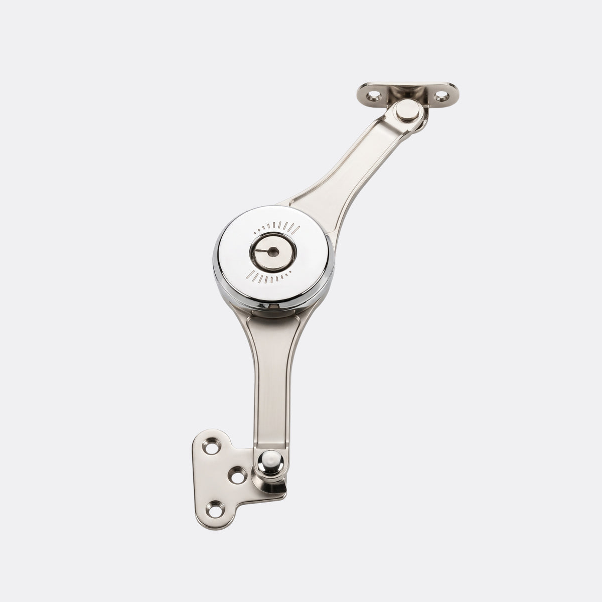 Ebco Heavy Cabinet Stay mechanism showing the adjustable pressure dial and System 32 compatible mounting bracket.