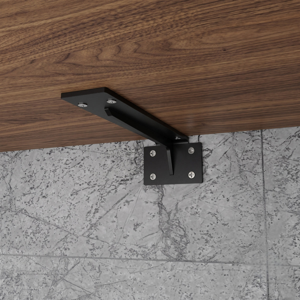 Black Ebco heavy duty bracket installed under a modern wooden floating vanity with a marble top, showcasing concealed support.