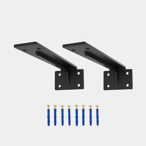 Set of two Ebco heavy-duty black floating cabinet support brackets, displayed with eight included mounting screws and wall anchors.