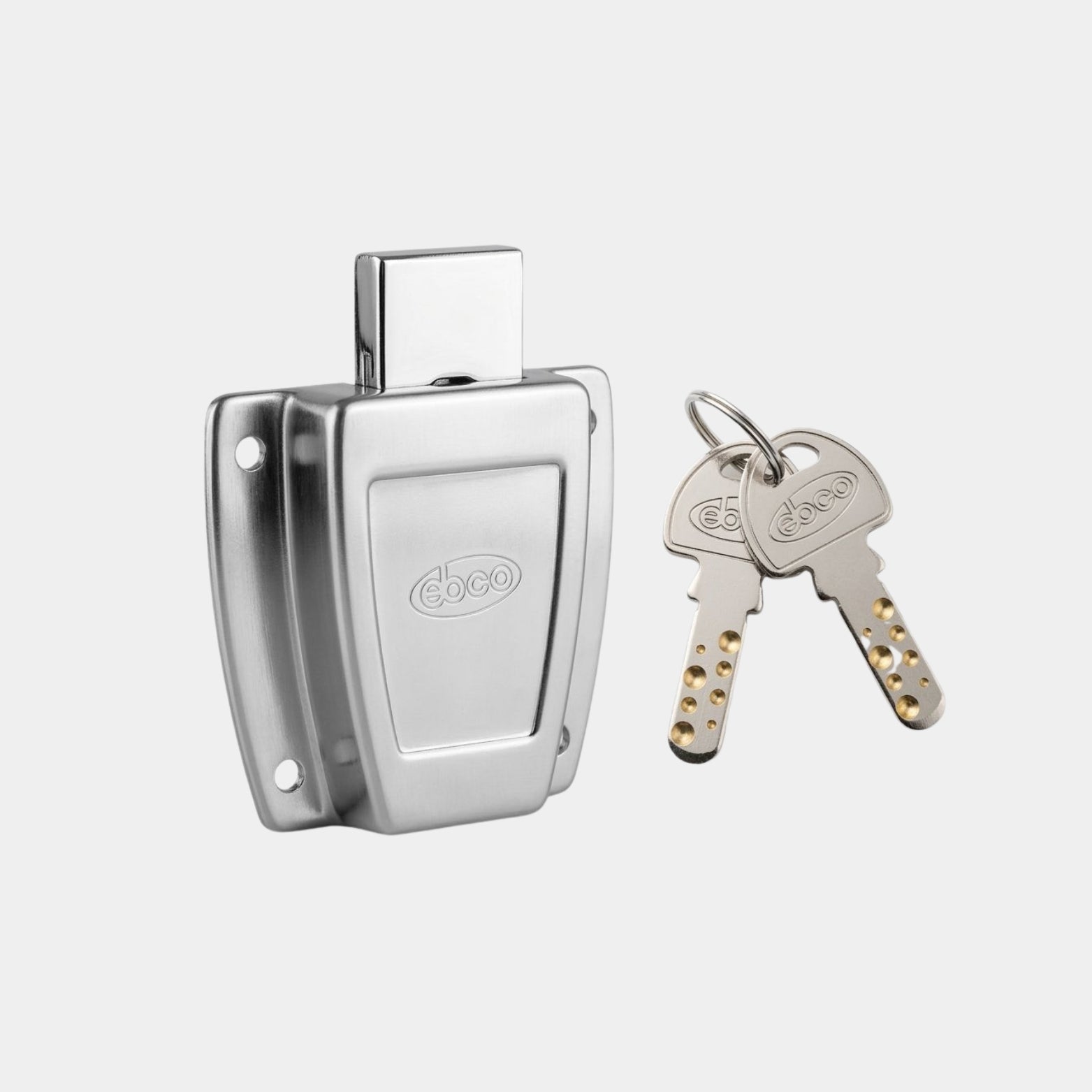 Close-up of the Ebco Securite lock showing the 20mm long latch bolt and high-precision dimple key for enhanced picking resistance