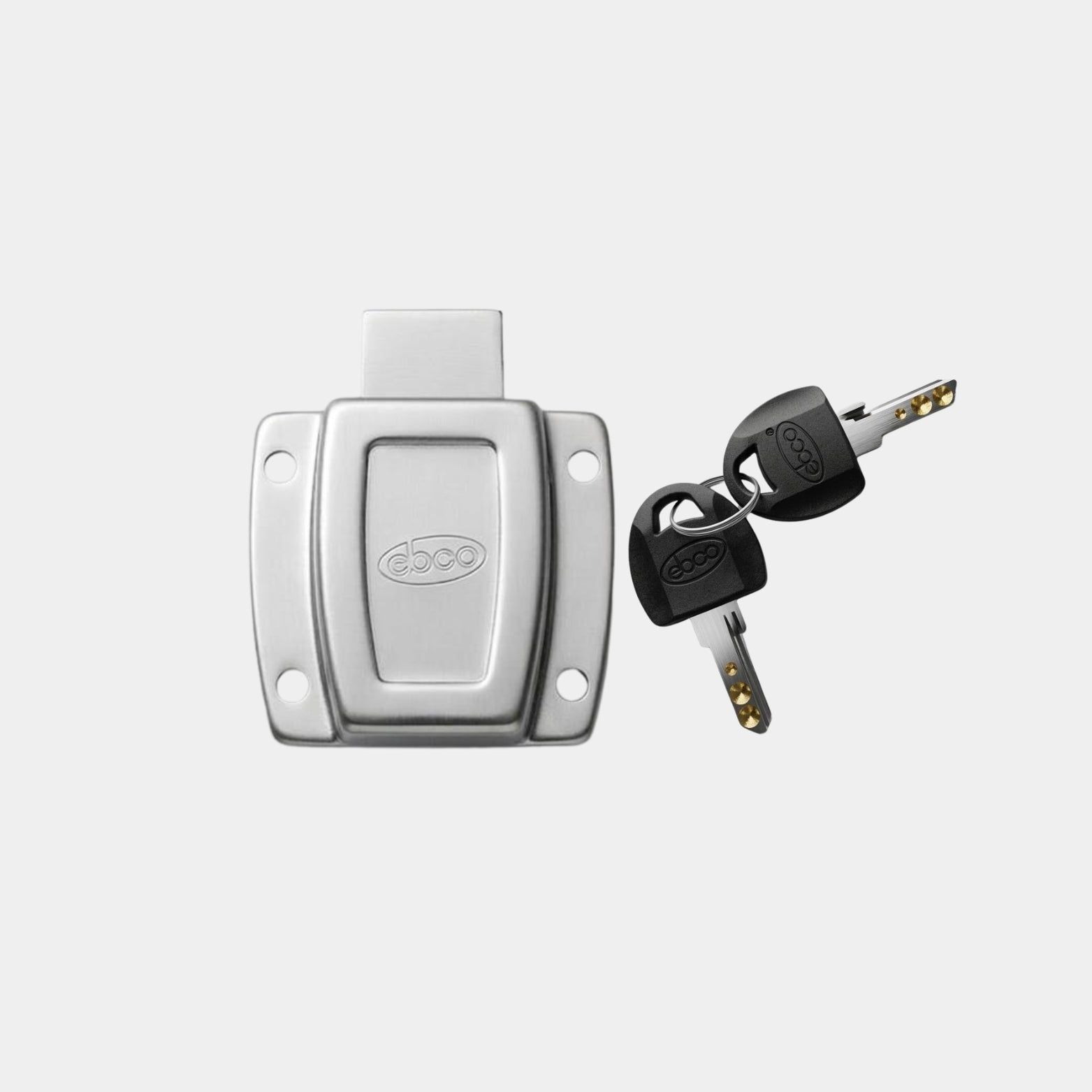 Close-up of the Ebco Securite lock mechanism showing the 20mm long latch bolt and click-action security feature for modular cabinetry