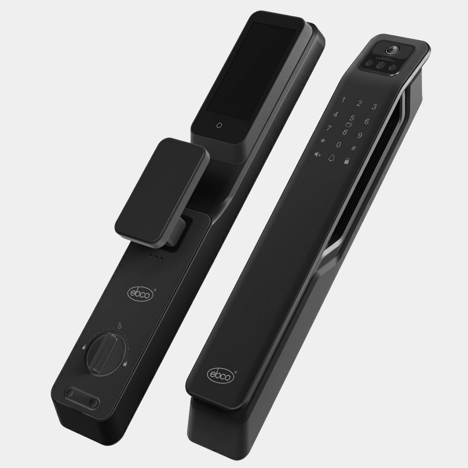 Full view of the internal and external panels of the Ebco Imperia IM digital lock in a sleek black finish, showing the touch keypad and indoor display screen