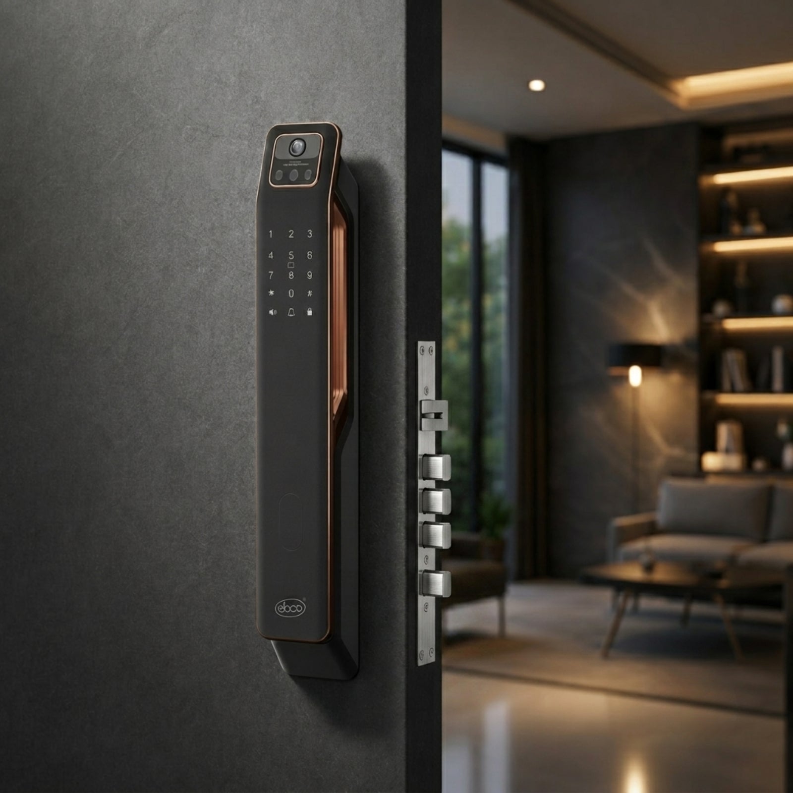 Premium Ebco Imperia IM smart lock in a stunning copper-trimmed finish with multi-bolt mortise lock case installed in a modern living room