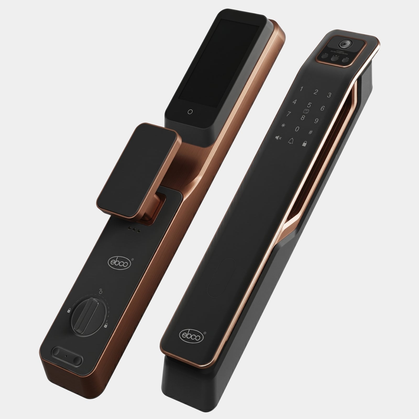 Complete indoor and outdoor unit of the Ebco Imperia IM smart lock featuring luxury copper metallic edges, privacy latch knob, and touch sensor handle