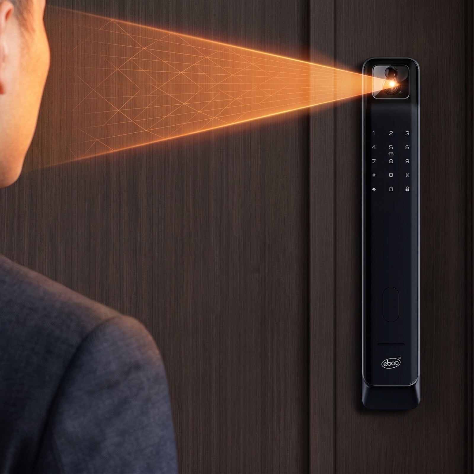 A user unlocking the Ebco Imperia IM digital lock using its 3D face recognition and visual camera sensor on a dark wooden door