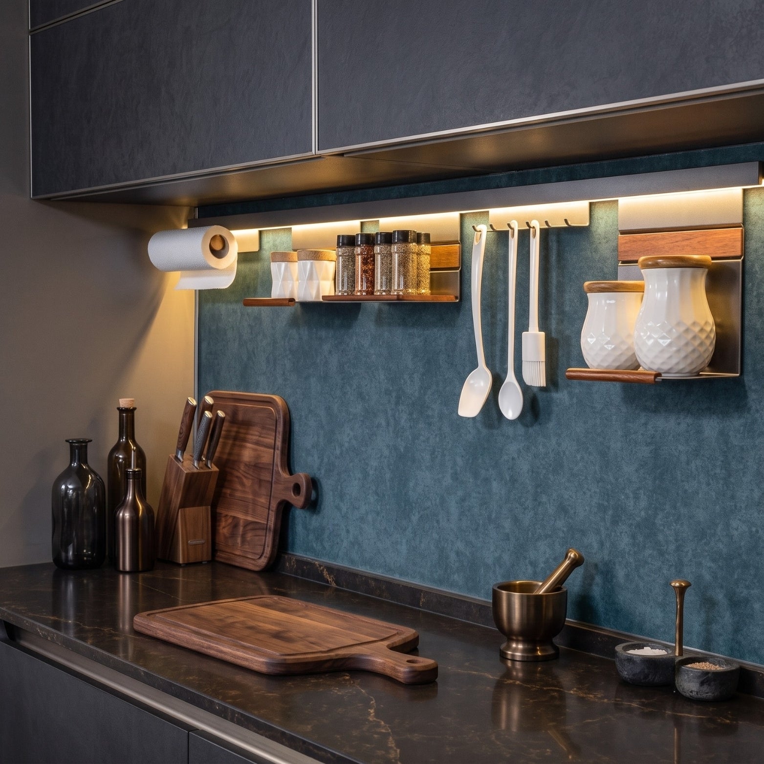 Ebco Kitchen Midway System fully installed under cabinet with LED track lighting, shelves, towel roll, and utensil hooks