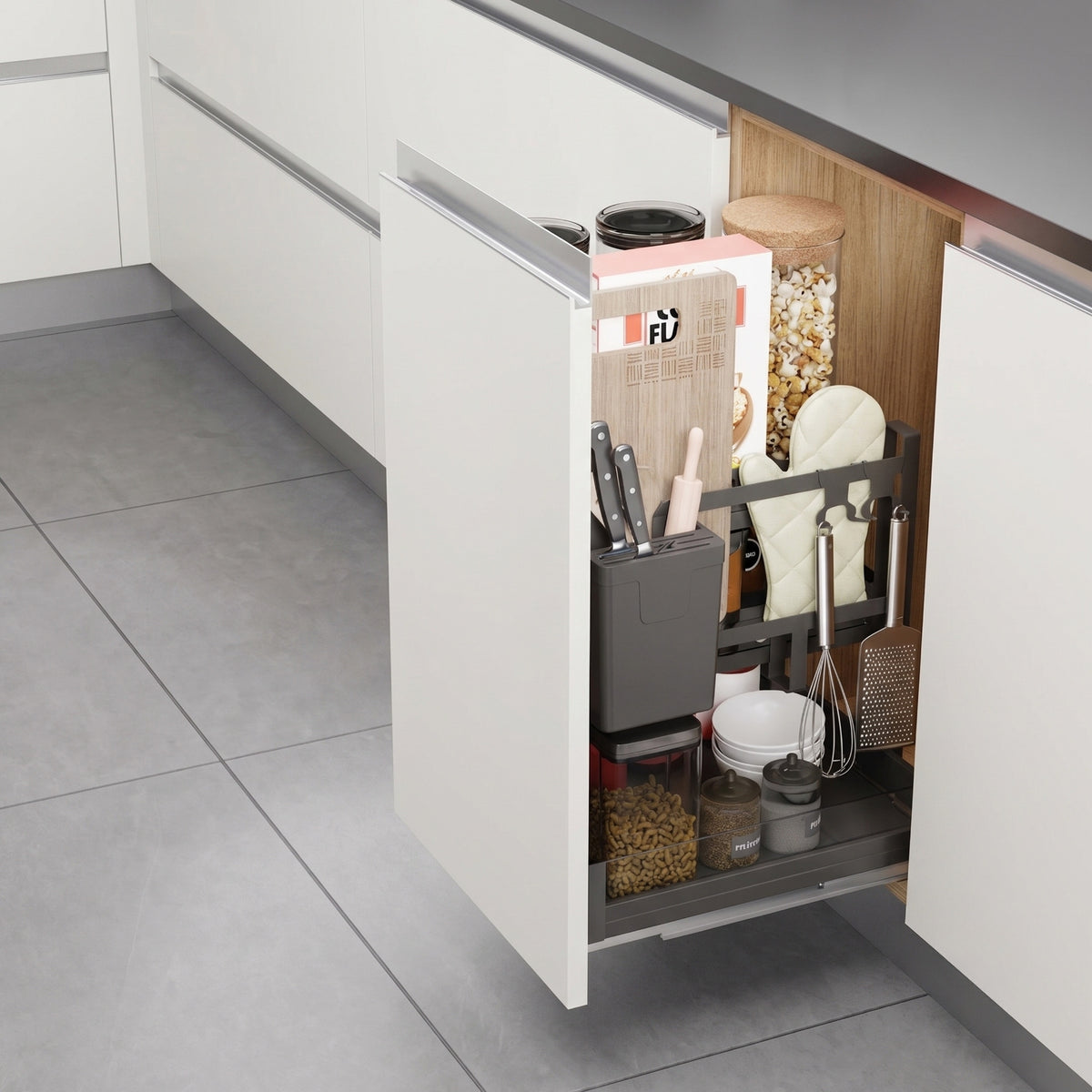 Ebco Livsmart Base Pullout Max 45 extending from a white modular kitchen cabinet, demonstrating organized storage for a chopping board, knives, ladles, and jars, available at Hardware Depot.
