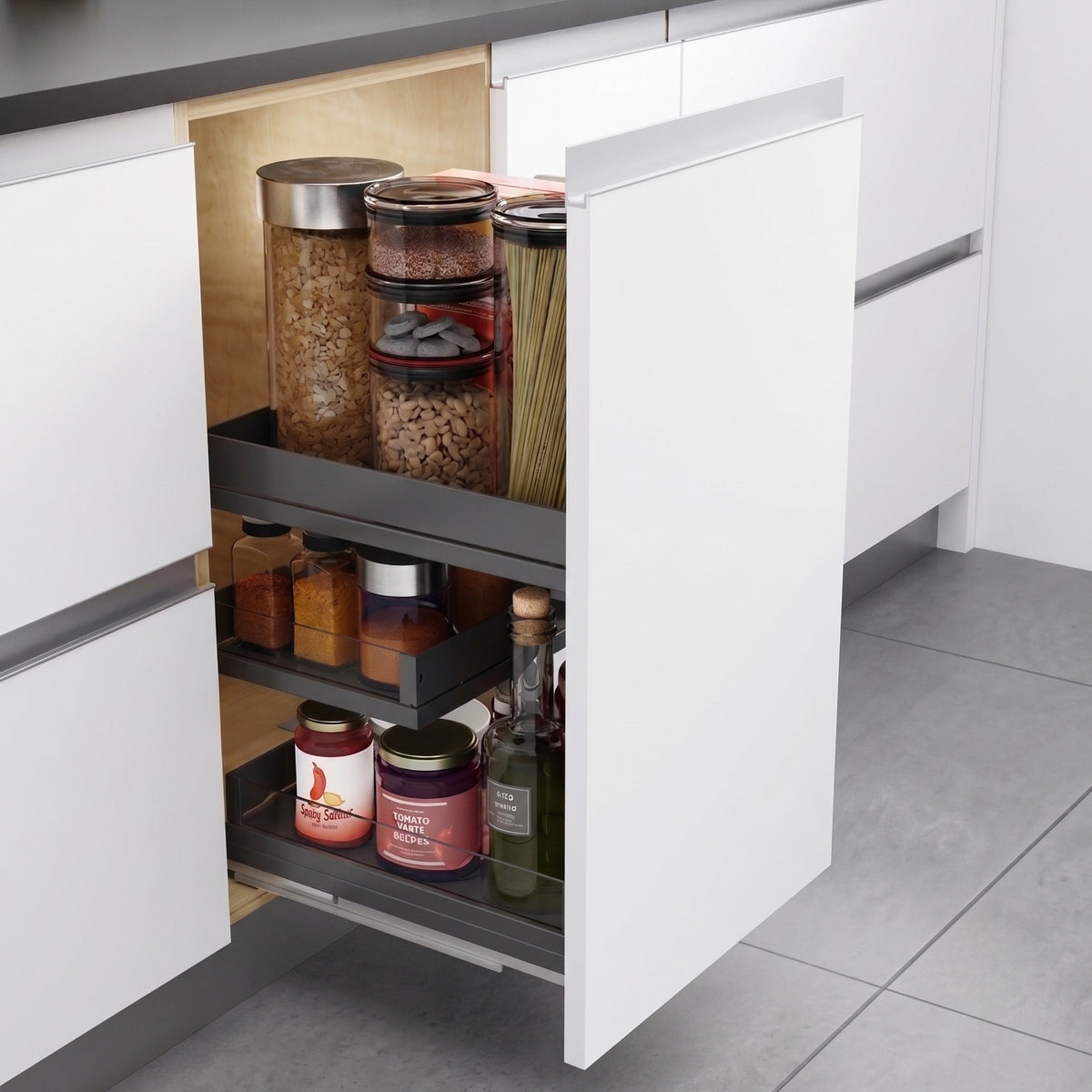 Ebco Livsmart Base Pullout Max 45 installed in a white modern modular kitchen cabinet, showing multi-level organization for pantry jars, spices, and oil bottles, available at Hardware Depot.